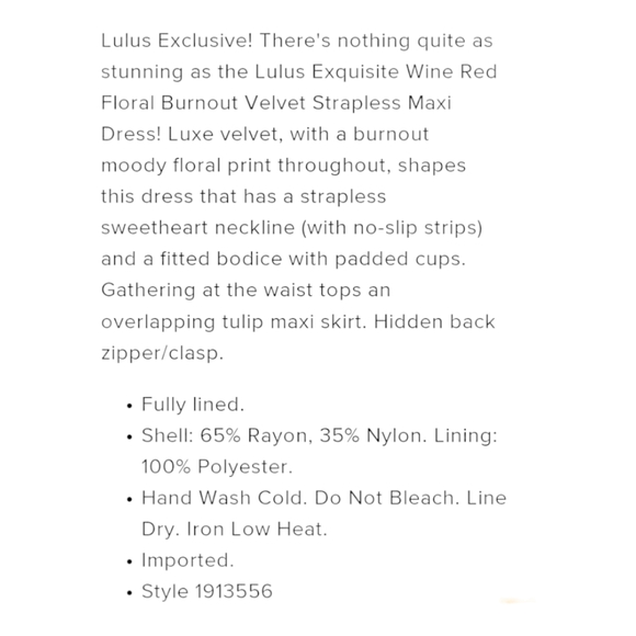 Lulu's Red Wine Floral Burnout Velvet Stapless Maxi Dress - Picture 11 of 12